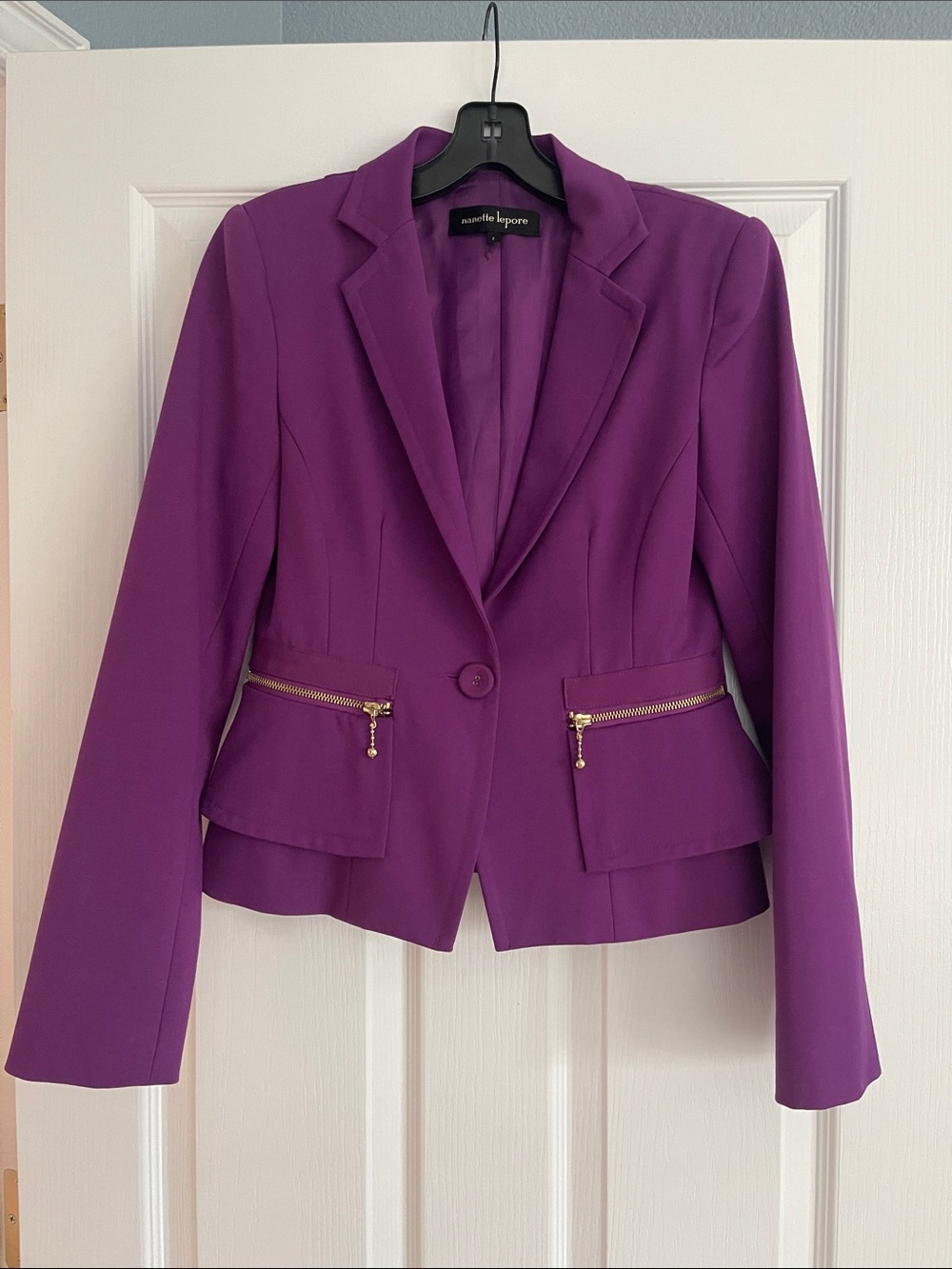 Nanette Lepore Vibrant Purple Single-Button Blazer with Gold Zippers
